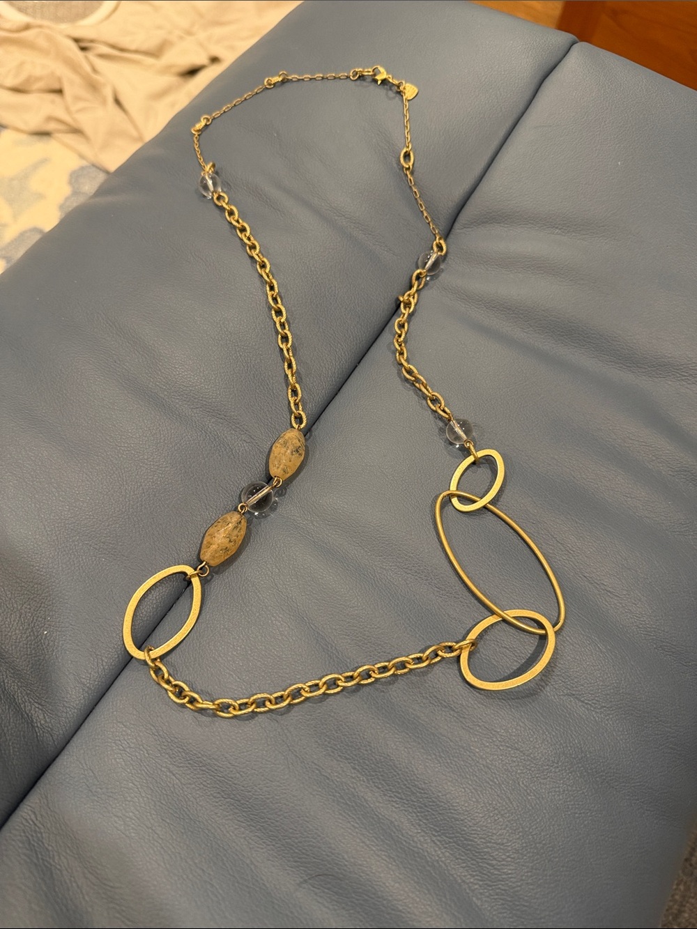 Long Gold Link Necklace with Mixed Oval Rings and Bead Accents